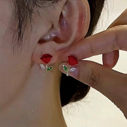 14K Gold-Plated Elegant Red Rose Stud Earrings