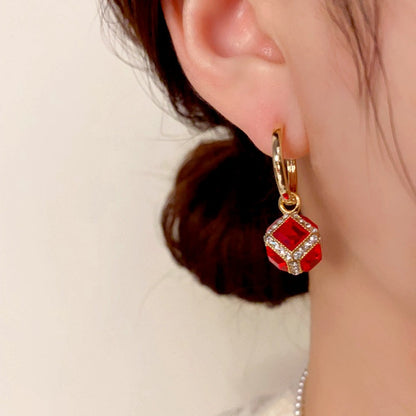 14K Gold-Plated Elegant Red Zircon Cube Earrings