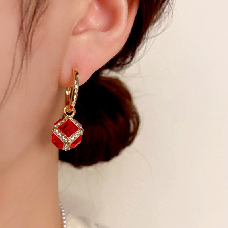 14K Gold-Plated Elegant Red Zircon Cube Earrings
