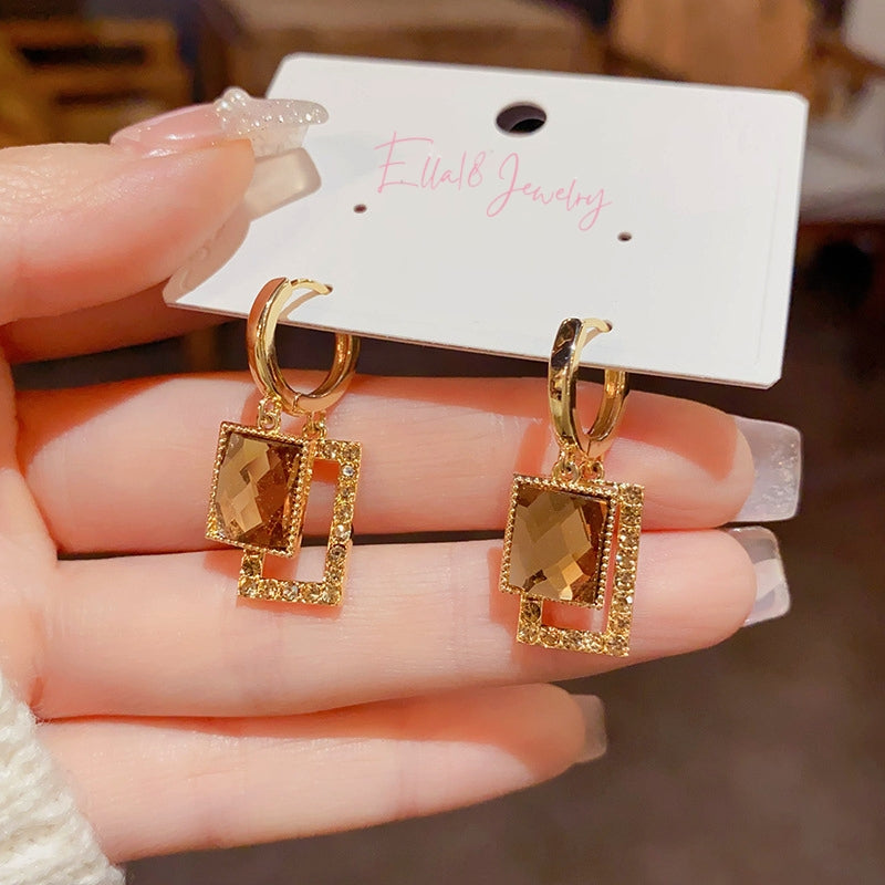 14K Gold-Plated Elegant Shiny Chanel-Style Geometric Zircon Earrings