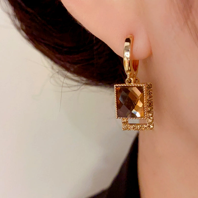 14K Gold-Plated Elegant Shiny Chanel-Style Geometric Zircon Earrings