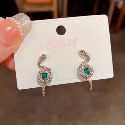 14K Gold-Plated Elegant Snake-Shaped Green Square Diamond Earrings