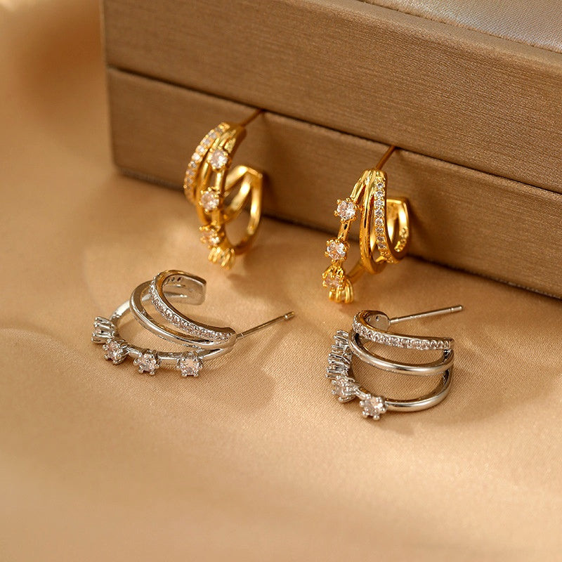 14K Gold-Plated Elegant Three-Layer Zircon Earrings