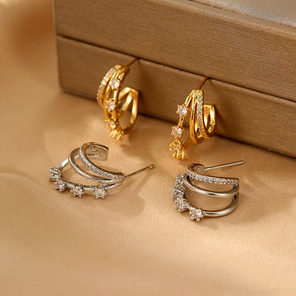 14K Gold-Plated Elegant Three-Layer Zircon Earrings