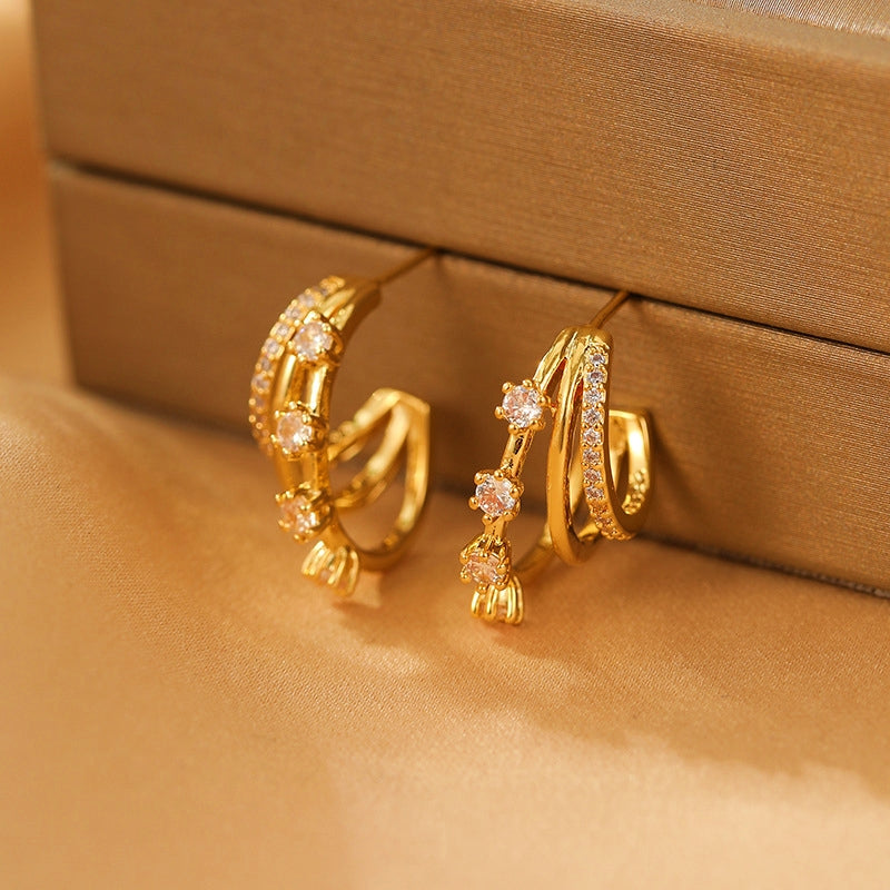14K Gold-Plated Elegant Three-Layer Zircon Earrings