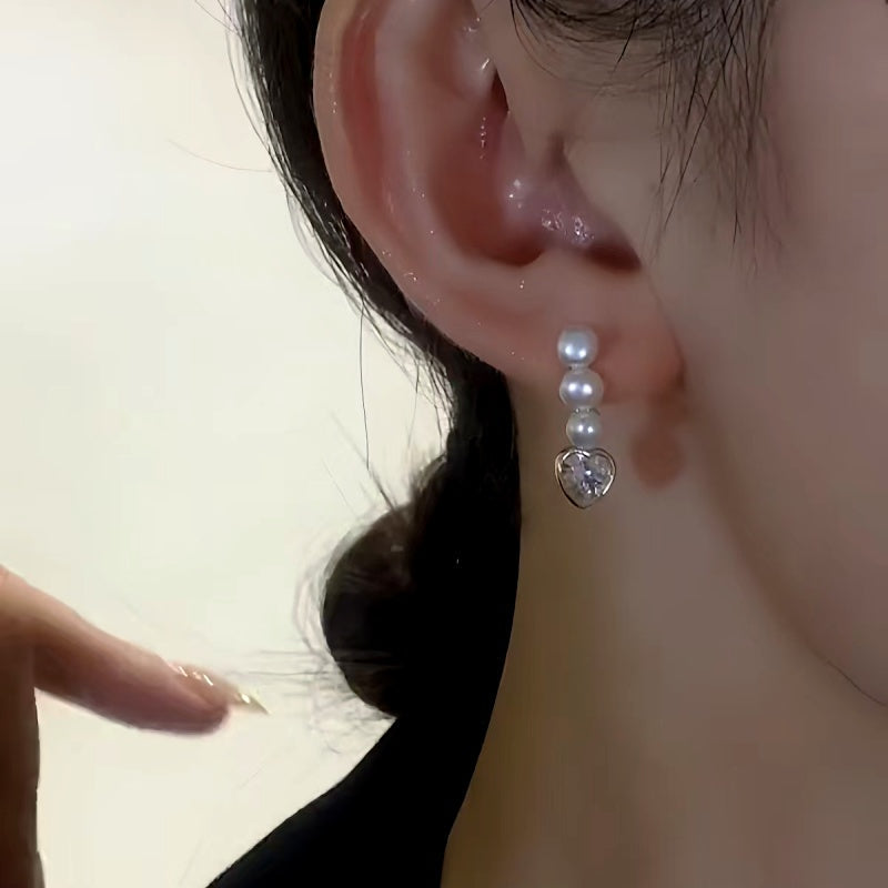 14K Gold-Plated Elegant Three Pearl Zircon Heart Earrings