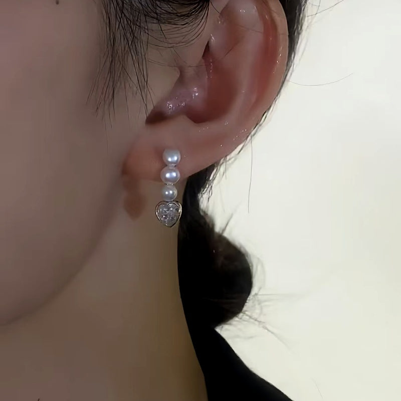 14K Gold-Plated Elegant Three Pearl Zircon Heart Earrings