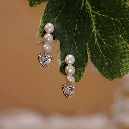 14K Gold-Plated Elegant Three Pearl Zircon Heart Earrings