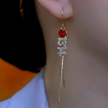 14K Gold-Plated Elegant Valentine's Day Gift Red Heart Diamond Number Threader Earrings