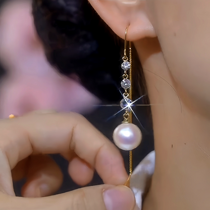 14K Gold-Plated Elegant White Pearl Zircon Tassel Threader Earrings
