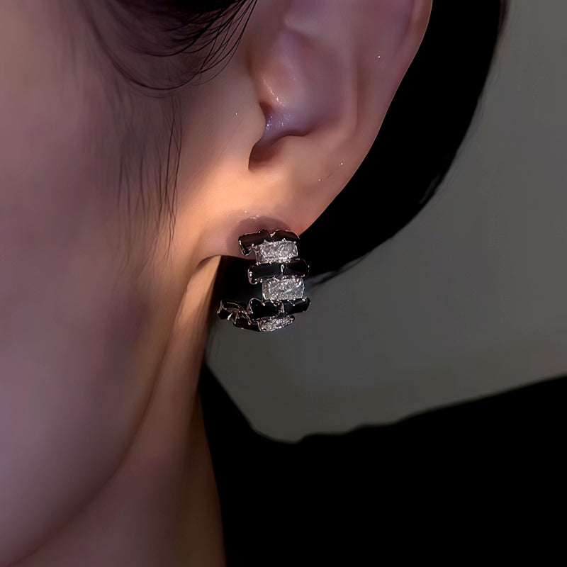 14K Gold-Plated Elegant Zircon Black And Diamond C-Shaped Earrings
