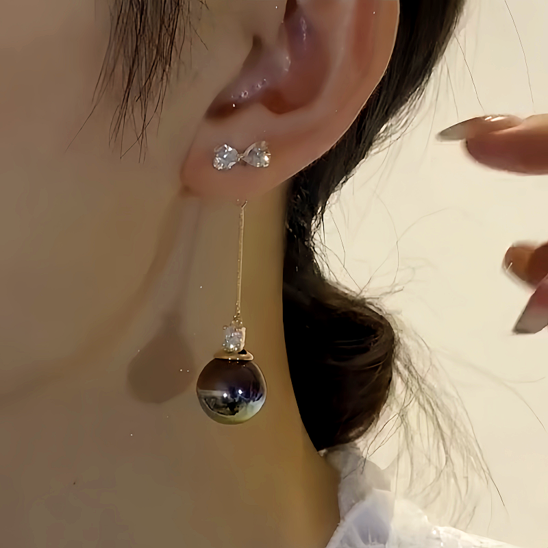 14K Gold-Plated Elegant Zircon Bow Black Pearl Tassel Earrings