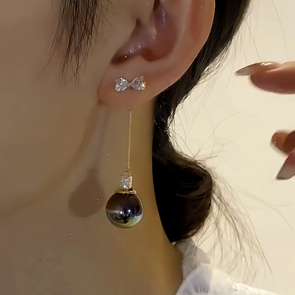 14K Gold-Plated Elegant Zircon Bow Black Pearl Tassel Earrings