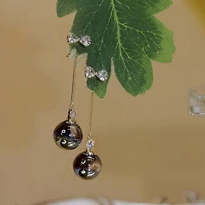 14K Gold-Plated Elegant Zircon Bow Black Pearl Tassel Earrings