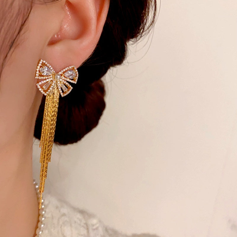 14K Gold-Plated Elegant Zircon Bow Tassel Earrings