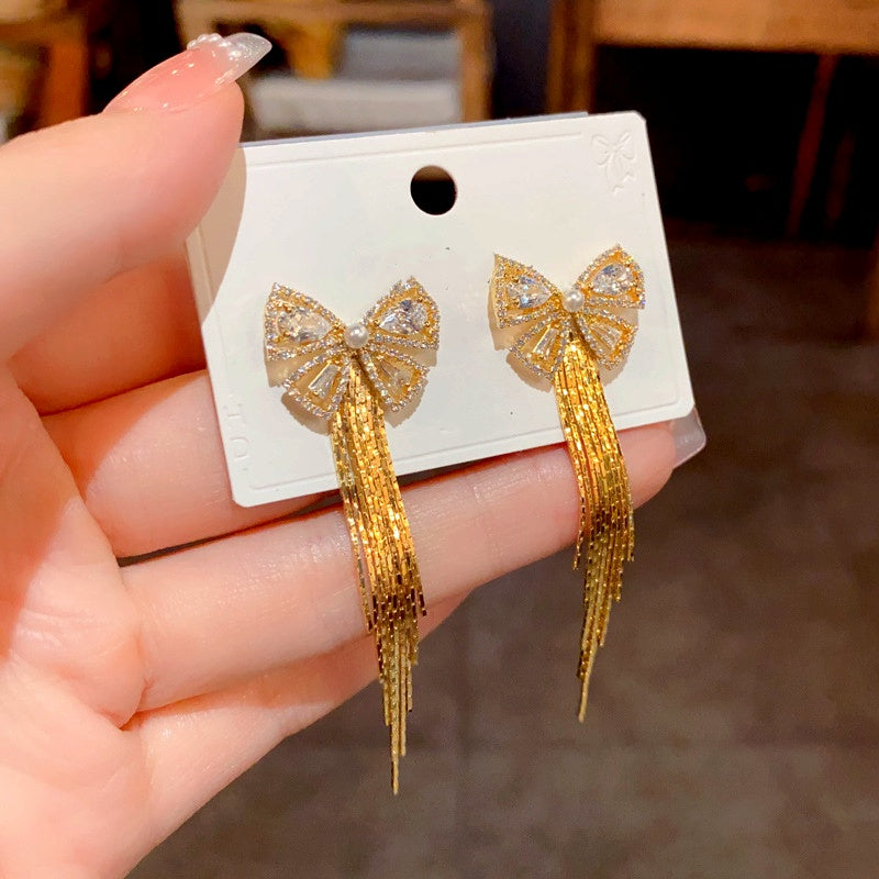 14K Gold-Plated Elegant Zircon Bow Tassel Earrings