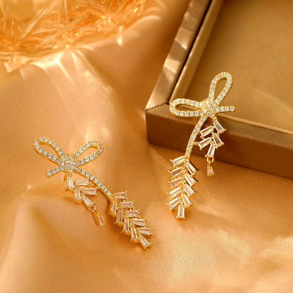 14K Gold-Plated Elegant Zircon Bow Wheat Earrings