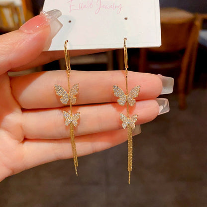 14K Gold-Plated Elegant Zircon Butterfly Ear Hook Tassel Earrings
