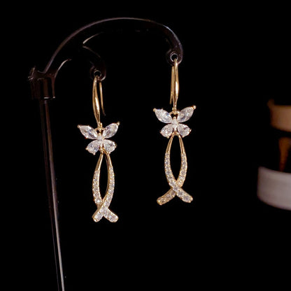 14K Gold-Plated Elegant Zircon Butterfly Tassel Ear Hooks