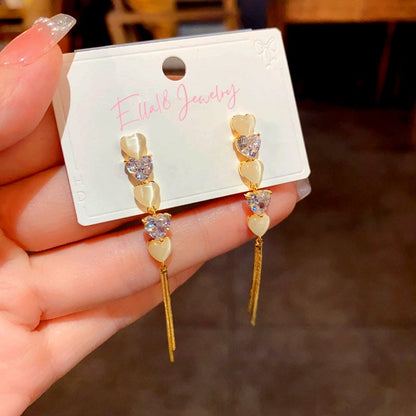 14K Gold-Plated Elegant Zircon Cat's Eye Heart-Design Tassel Earrings