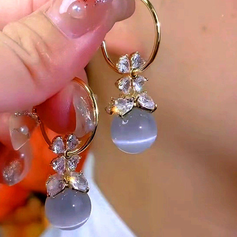 14K Gold-Plated Elegant Zircon Cat's Eye Stone Earrings