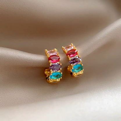 14K Gold-Plated Elegant Zircon Colorful C-Shaped Earrings