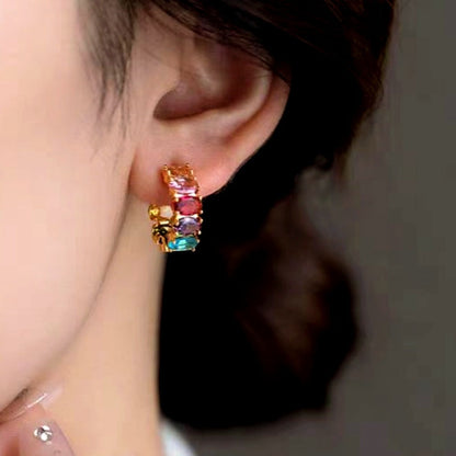 14K Gold-Plated Elegant Zircon Colorful C-Shaped Earrings