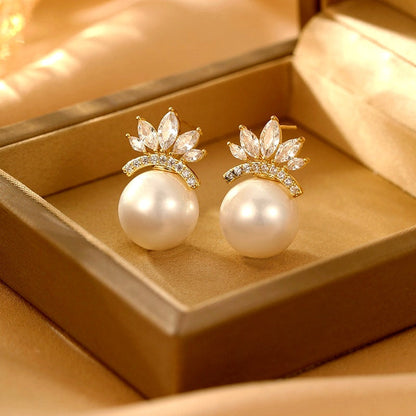 14K Gold-Plated Elegant Zircon Crown Pearl Earrings