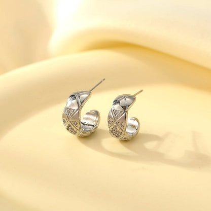 14K Gold-Plated Elegant Zircon Diamond Pattern C-Shaped Earrings