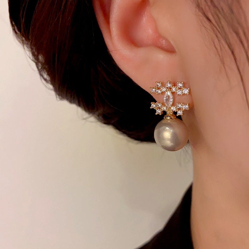 14K Gold-Plated Elegant Zircon Double C Pearl Earrings