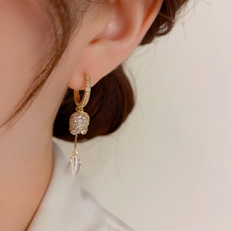 14K Gold-Plated Elegant Zircon Flower And Leaf Earrings