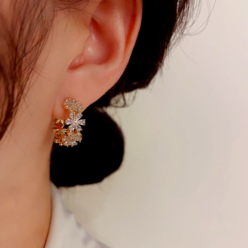 14K Gold-Plated Elegant Zircon Flower Hoop Earrings
