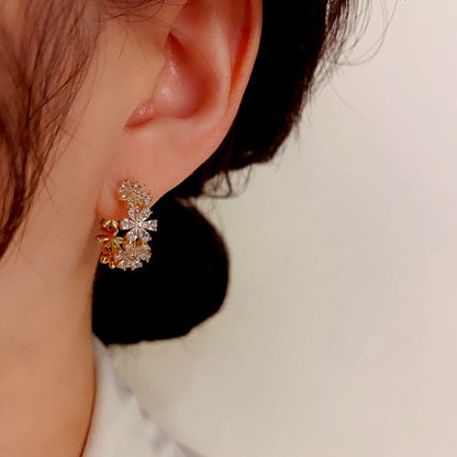 14K Gold-Plated Elegant Zircon Flower Hoop Earrings