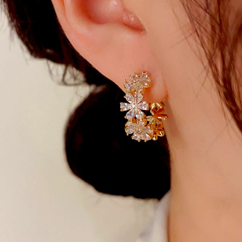 14K Gold-Plated Elegant Zircon Flower Hoop Earrings