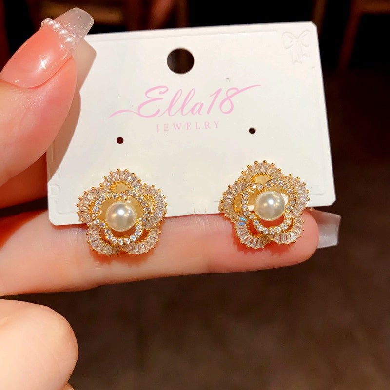 14K Gold-Plated Elegant Zircon Flower Pearl Stud Earrings