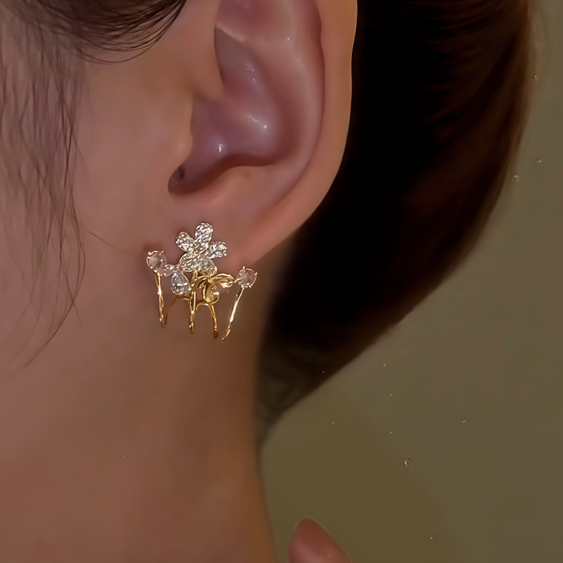 14K Gold-Plated Elegant Zircon Flower Studs