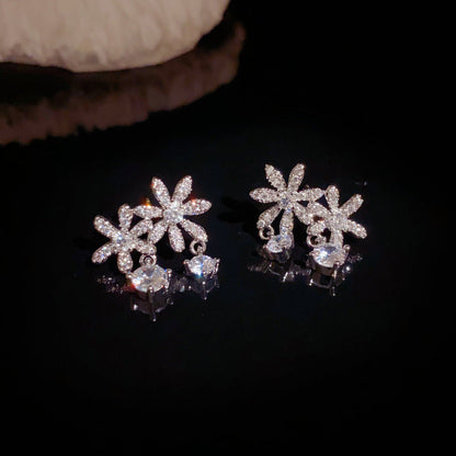 14K Gold-Plated Elegant Zircon Flower Tassel Earrings