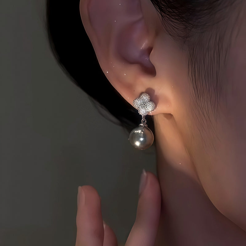 14K Gold-Plated Elegant Zircon Four-Leaf Pearl Earrings