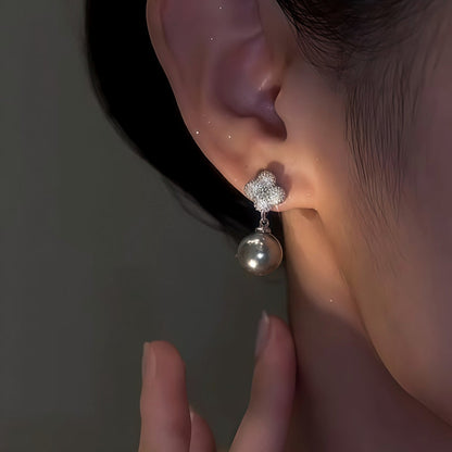 14K Gold-Plated Elegant Zircon Four-Leaf Pearl Earrings