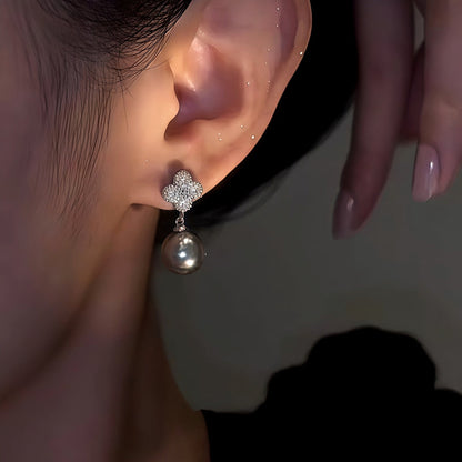 14K Gold-Plated Elegant Zircon Four-Leaf Pearl Earrings
