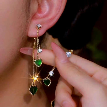 14K Gold-Plated Elegant Zircon Green Heart Tassel Earrings
