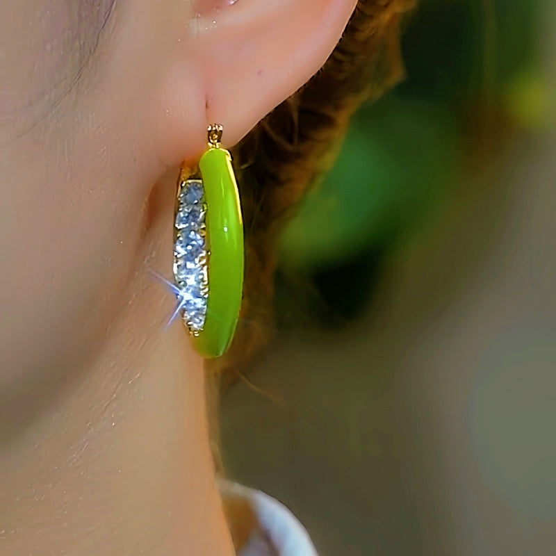 14K Gold-Plated Elegant Zircon Green Hoop Earrings