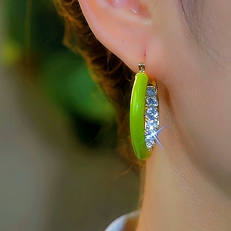 14K Gold-Plated Elegant Zircon Green Hoop Earrings