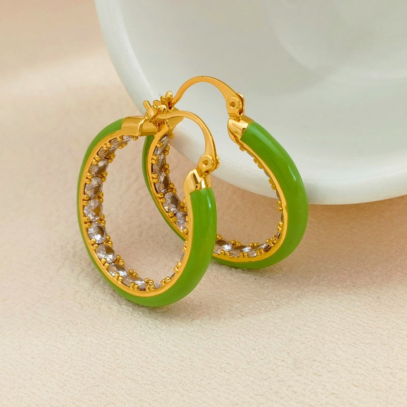 14K Gold-Plated Elegant Zircon Green Hoop Earrings
