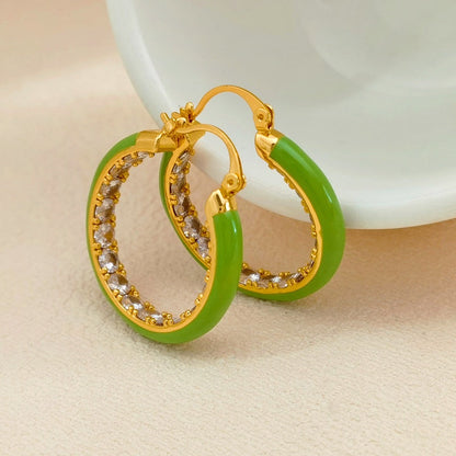 14K Gold-Plated Elegant Zircon Green Hoop Earrings