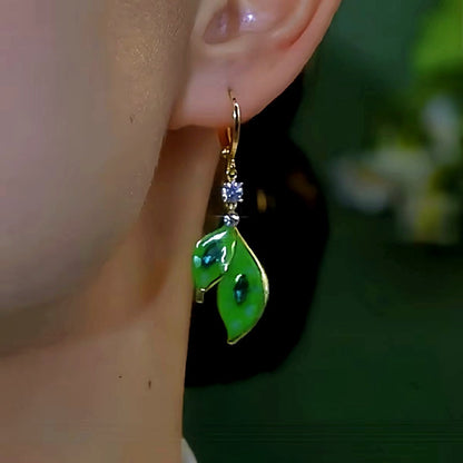 14K Gold-Plated Elegant Zircon Green Leaf Earrings