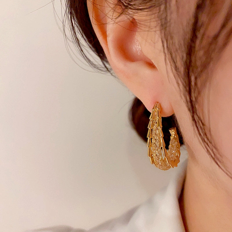 14K Gold-Plated Elegant Zircon Grid Geometric Earrings