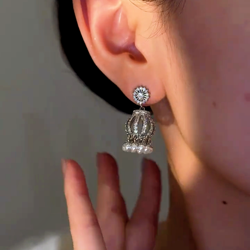 14K Gold-Plated Elegant Zircon Lantern Pearl Tassel Earrings