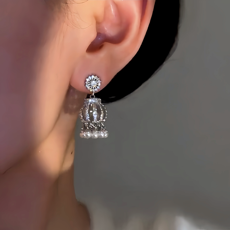 14K Gold-Plated Elegant Zircon Lantern Pearl Tassel Earrings