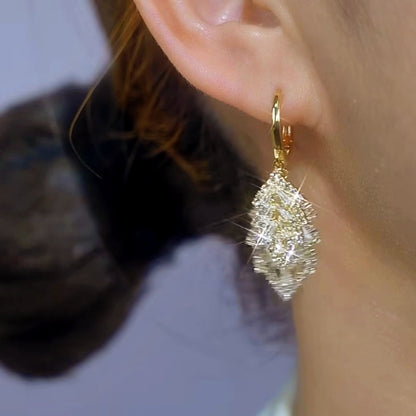 14K Gold-Plated Elegant Zircon Leaf Earrings